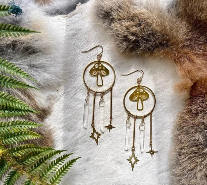 Fairy Themed Mushroom Quartz Starburst Earrings