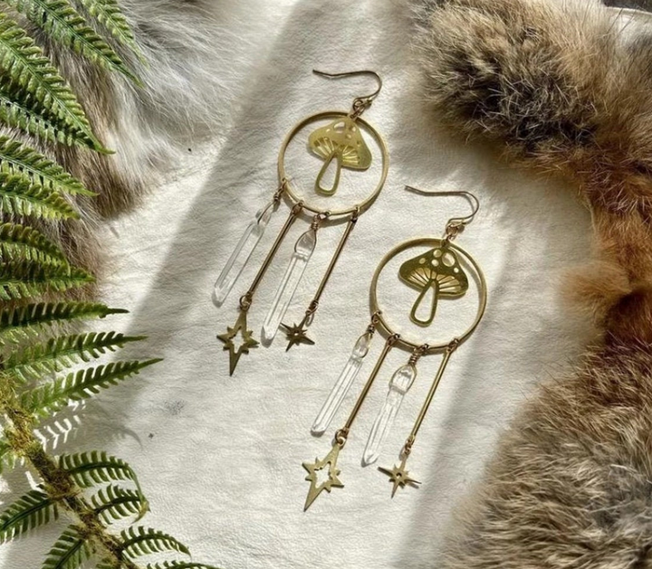 Fairy Themed Mushroom Quartz Starburst Earrings