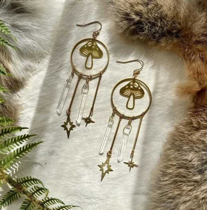 Fairy Themed Mushroom Quartz Starburst Earrings