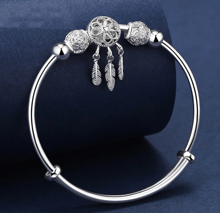 Dreamcatcher Tassel Feather Lucky Bead Bangle - Sterling Silver