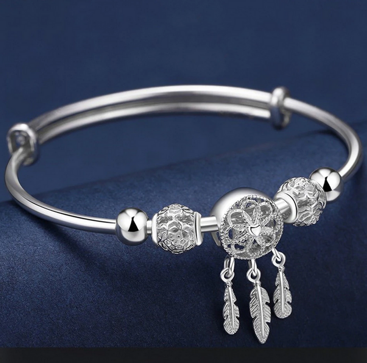 Dreamcatcher Tassel Feather Lucky Bead Bangle - Sterling Silver
