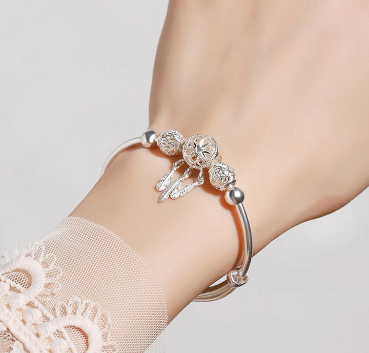 Dreamcatcher Tassel Feather Lucky Bead Bangle - Sterling Silver