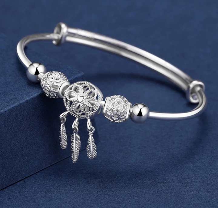 Dreamcatcher Tassel Feather Lucky Bead Bangle - Sterling Silver