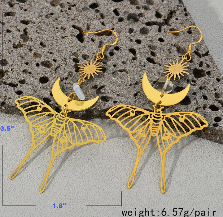 Wiccan Moth Drop Earrings With Clear Crystal
