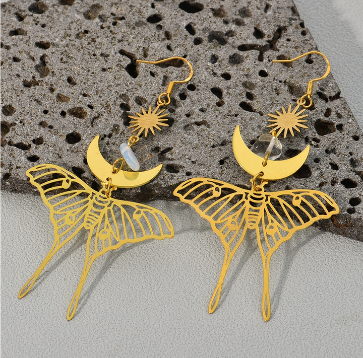 Wiccan Moth Drop Earrings With Clear Crystal