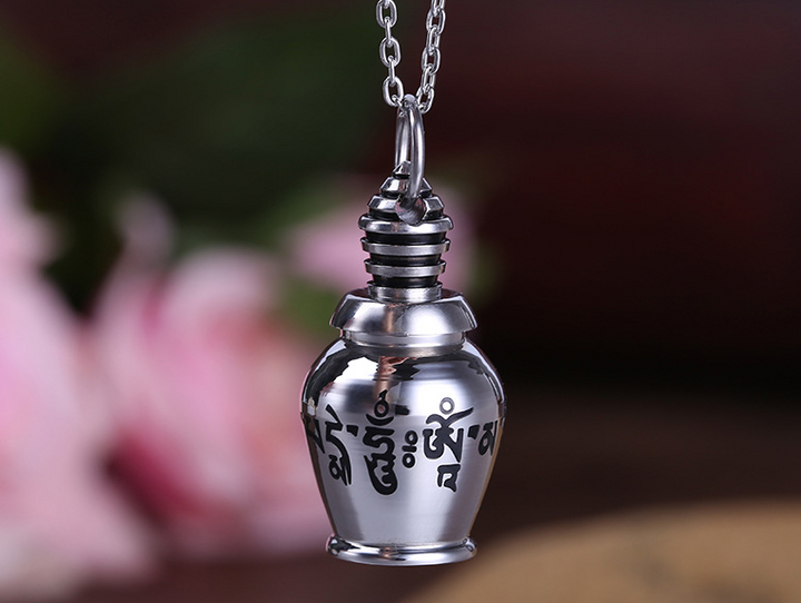 Miniature Tibetan Six Character Mantra Urn Necklace