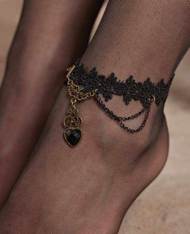 Goth Black Heart Lace Anklet
