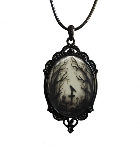 Vintage Graveyard Raven On Cross Necklace
