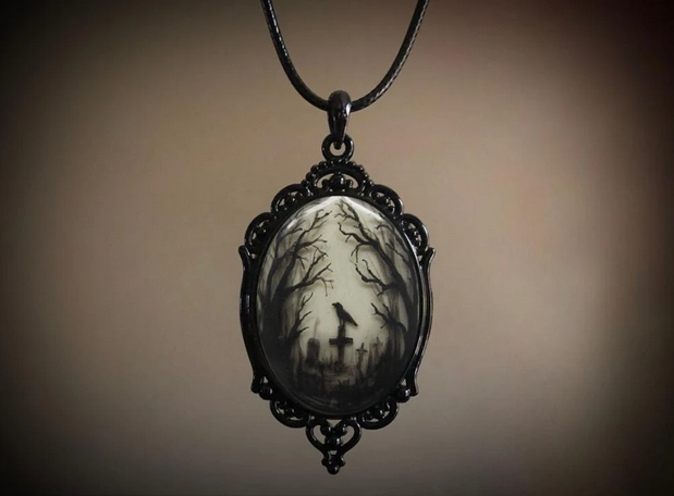 Vintage Graveyard Raven On Cross Necklace