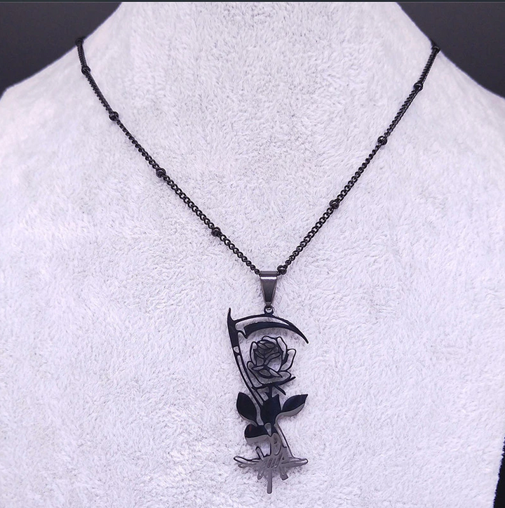 Gothic Black Sickle and Rose Necklace