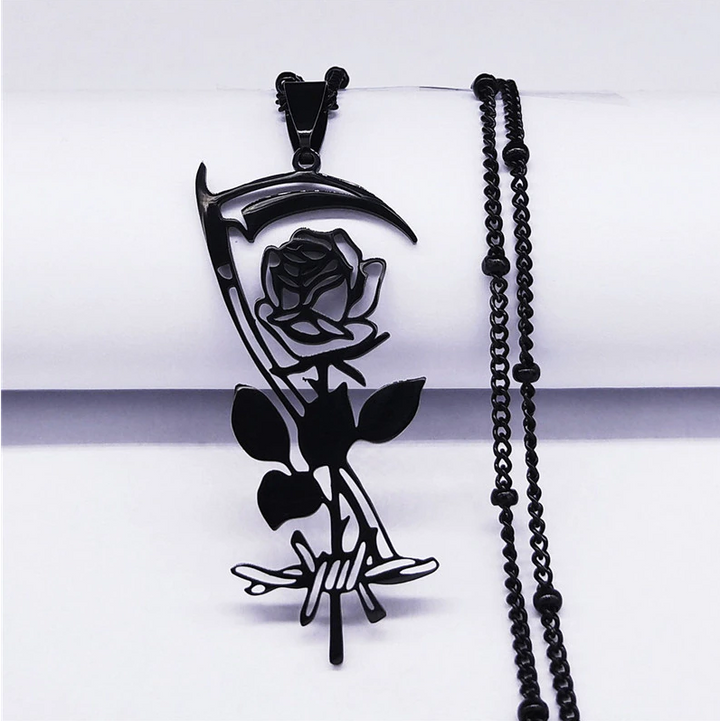 Gothic Black Sickle and Rose Necklace