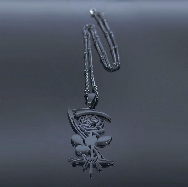 Gothic Black Sickle and Rose Necklace