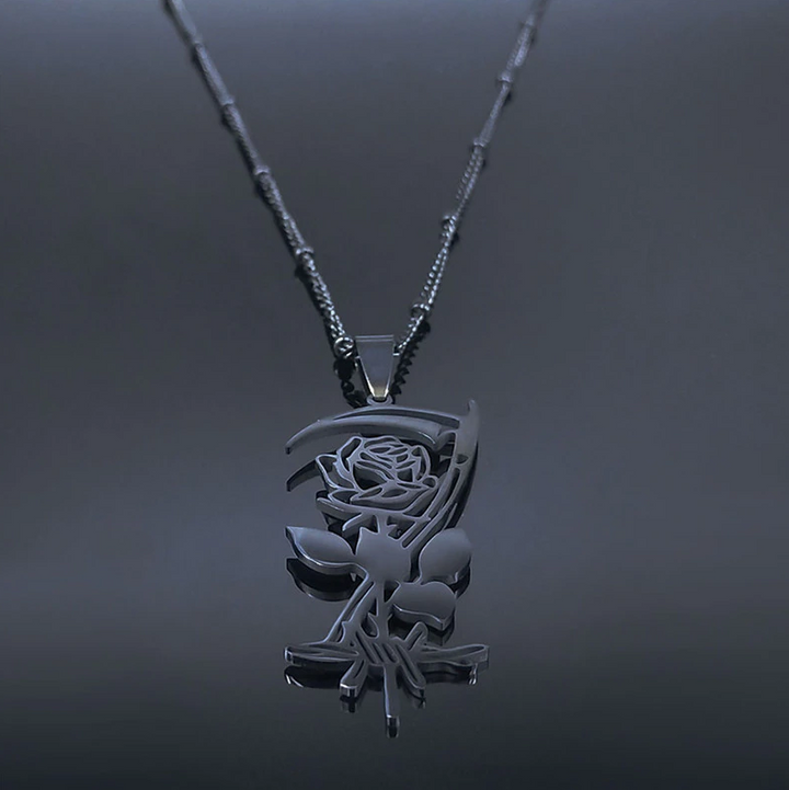 Gothic Black Sickle and Rose Necklace