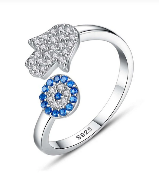 Sterling Silver Cubic Zirconia Hamsa Hand & Eye Adjustable Ring