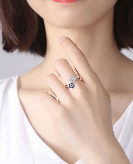 Sterling Silver Cubic Zirconia Hamsa Hand & Eye Adjustable Ring