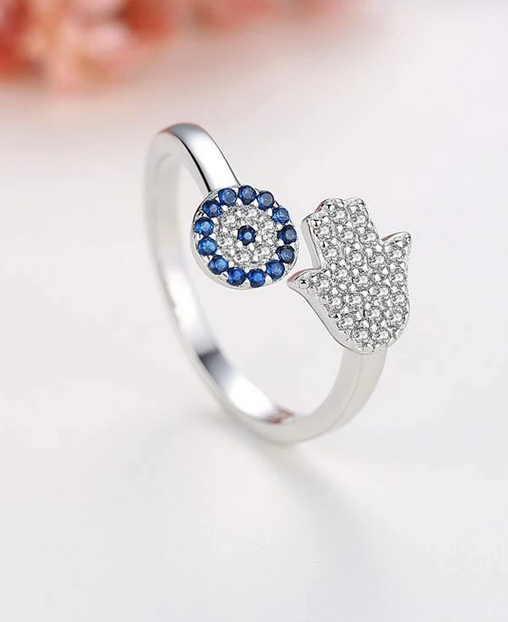 Sterling Silver Cubic Zirconia Hamsa Hand & Eye Adjustable Ring