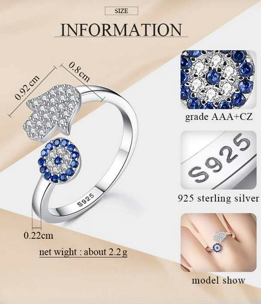 Sterling Silver Cubic Zirconia Hamsa Hand & Eye Adjustable Ring