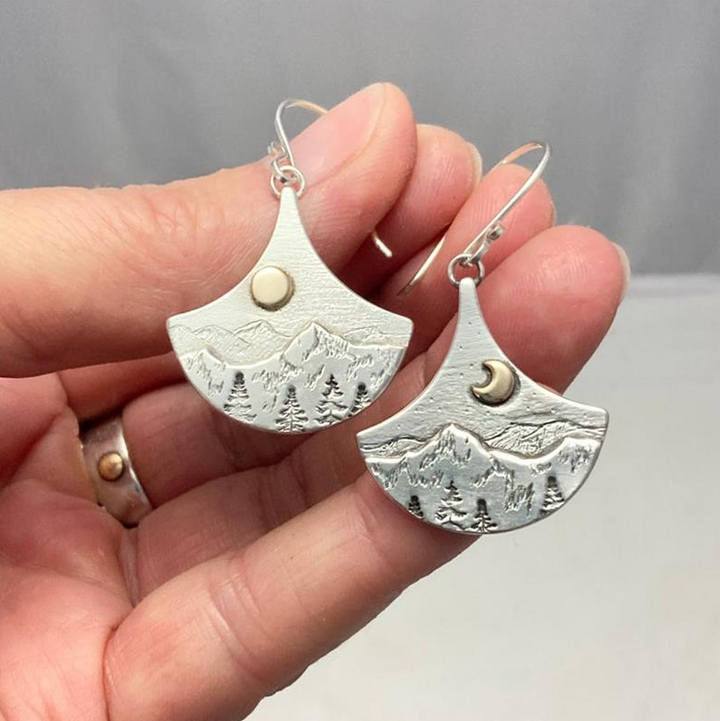 Fan Sun Crescent Moon Forest Dangle Earrings