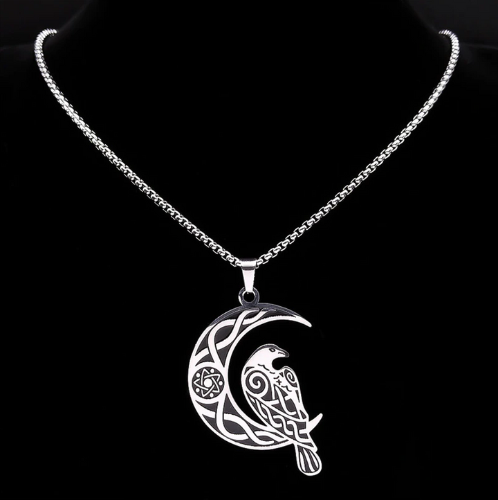 Wiccan Norse Raven Crescent Moon Amulet Necklace