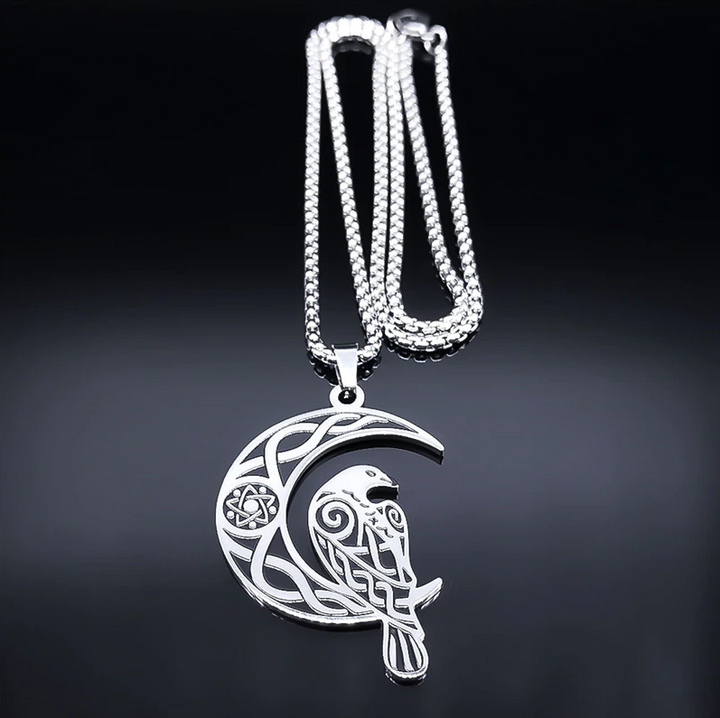 Wiccan Norse Raven Crescent Moon Amulet Necklace