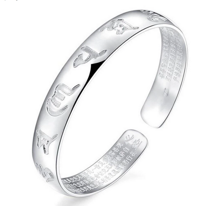 6 Character Heart Sutra Bangle Bracelet - Sterling Silver