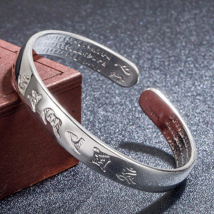 6 Character Heart Sutra Bangle Bracelet - Sterling Silver