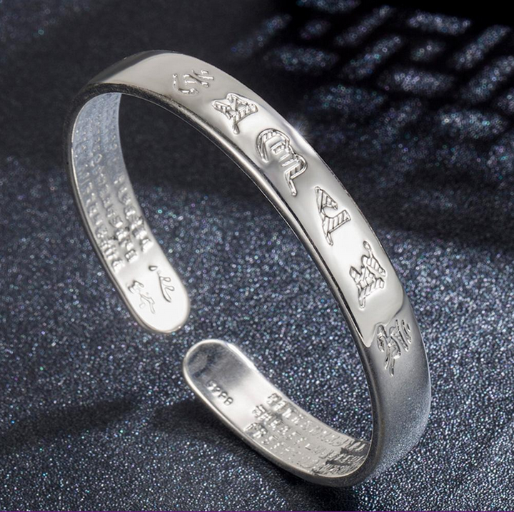 6 Character Heart Sutra Bangle Bracelet - Sterling Silver