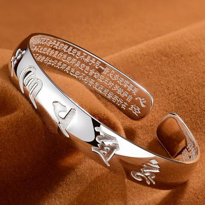6 Character Heart Sutra Bangle Bracelet - Sterling Silver