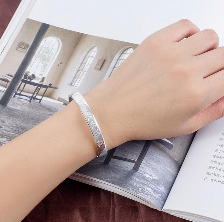 6 Character Heart Sutra Bangle Bracelet - Sterling Silver