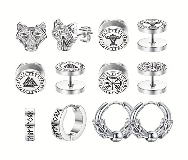 Norse Viking Earring Set (6 pairs) Black or Silver