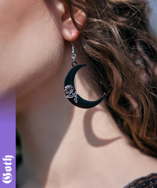 Goth Black Crescent Moon Rose Earrings
