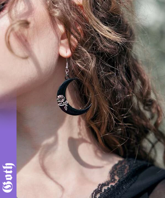 Goth Black Crescent Moon Rose Earrings