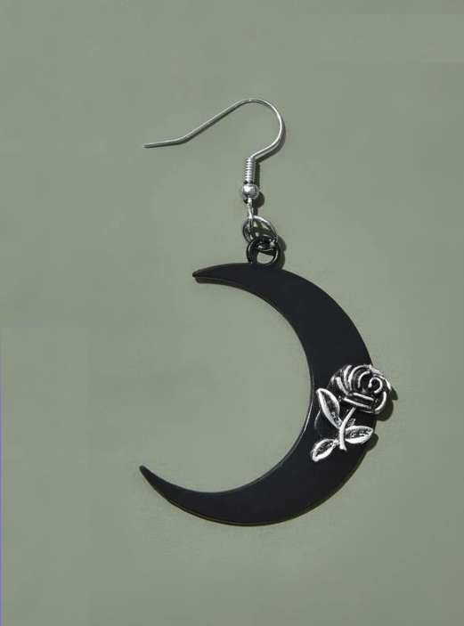 Goth Black Crescent Moon Rose Earrings