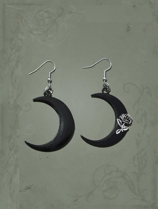 Goth Black Crescent Moon Rose Earrings