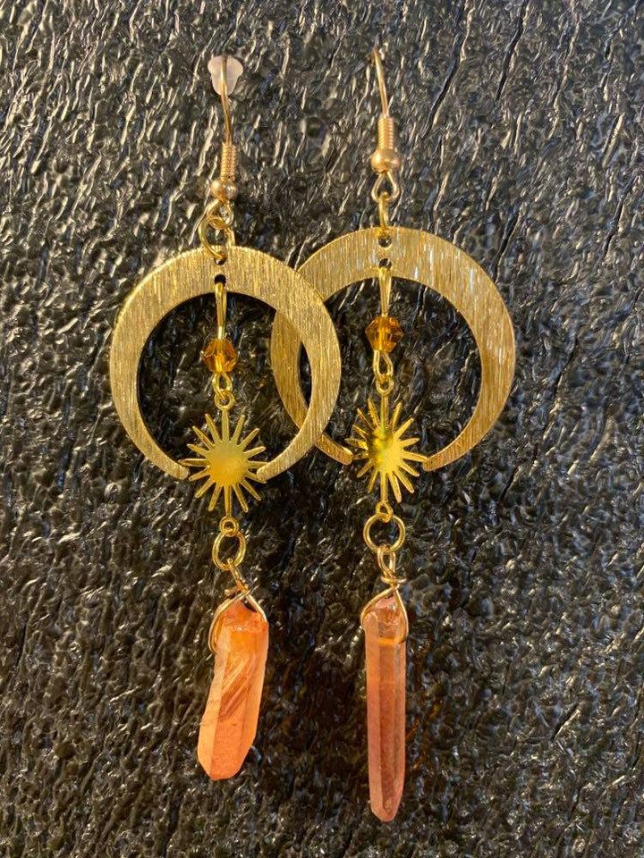 Witchy Quartz Earrings, Celestial Moon and Sunburst Gold