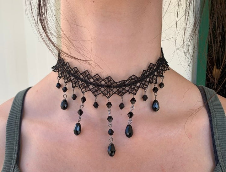 Black Lace Wide Band Drop Choker Necklace