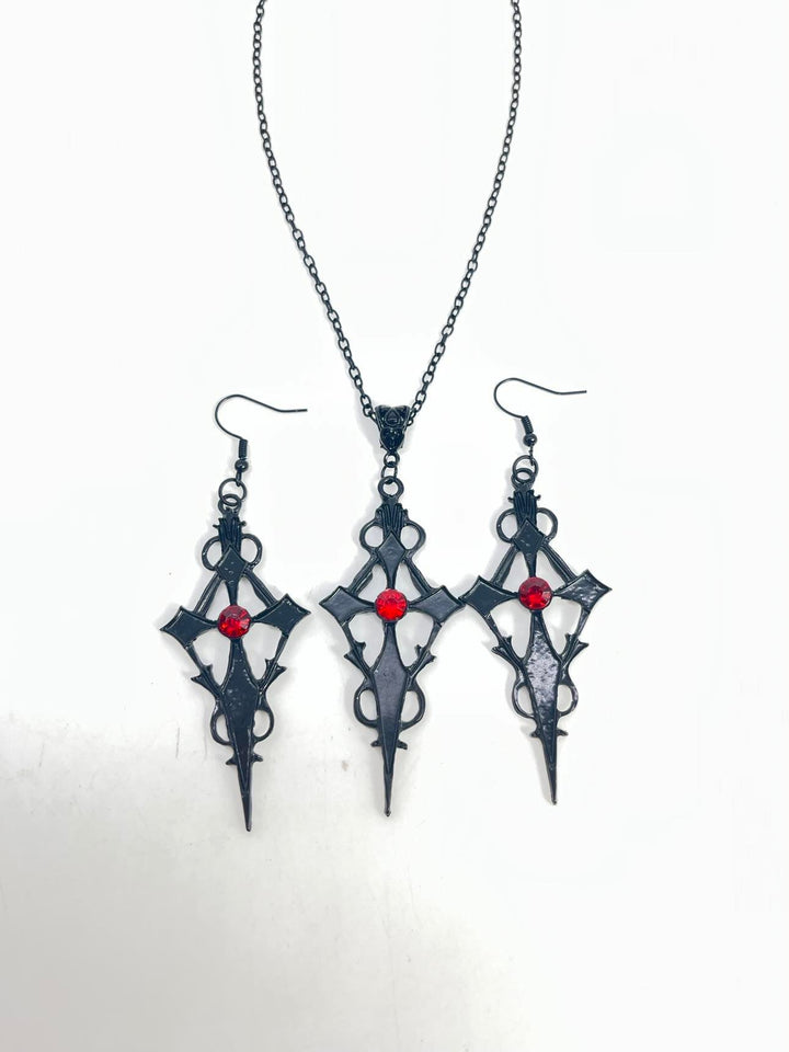 Goth Vampire Cross Earrings Necklace Set