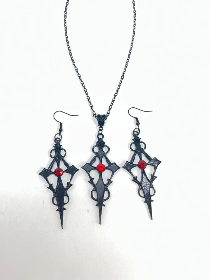 Goth Vampire Cross Earrings Necklace Set