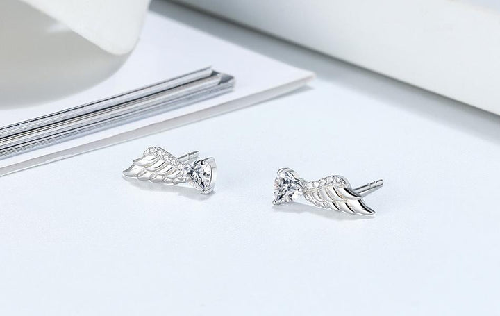 14mm Angel Wing Stud Earring with Heart Shaped Stone