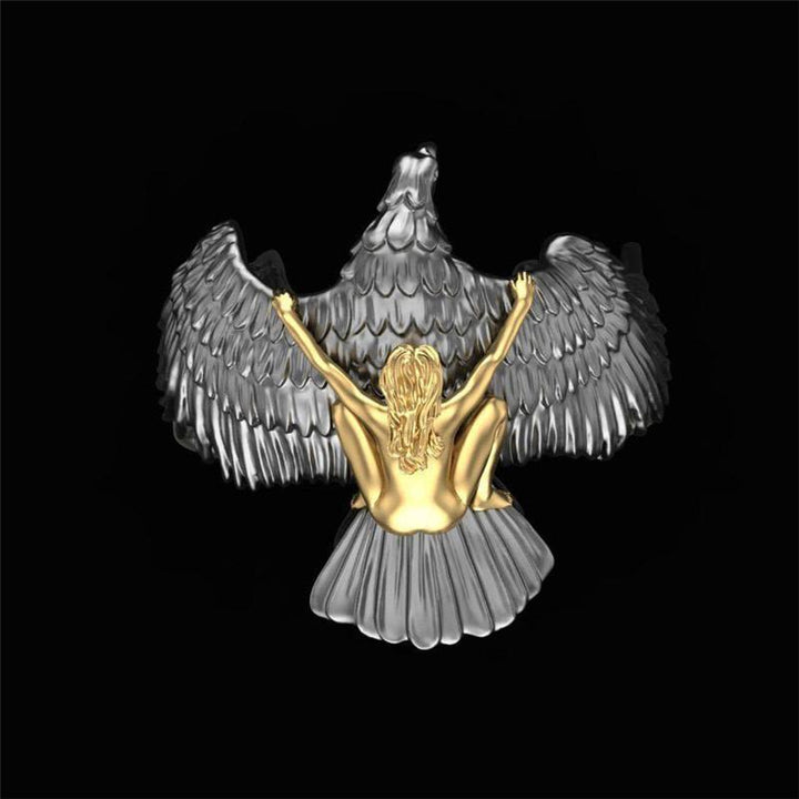 Nude Gold Girl Flying on The Eagle Wedding Ring