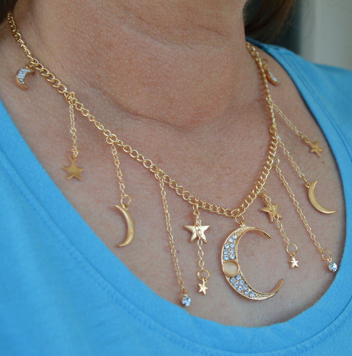 Vintage Bohemian Tassel Crystal Moon Stars Necklace