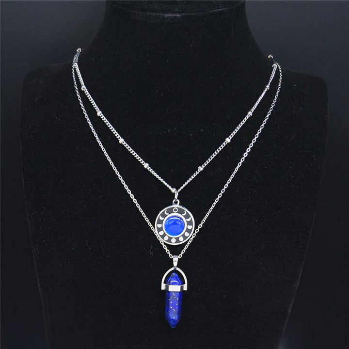 2pcs Moon Bullet Reiki/Chakra Natural Stone Stainless Steel Necklace