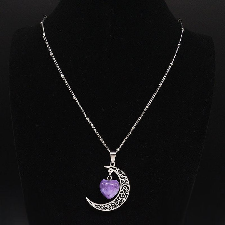 19.5" Purple Crystal Heart and Crescent Moon Necklace