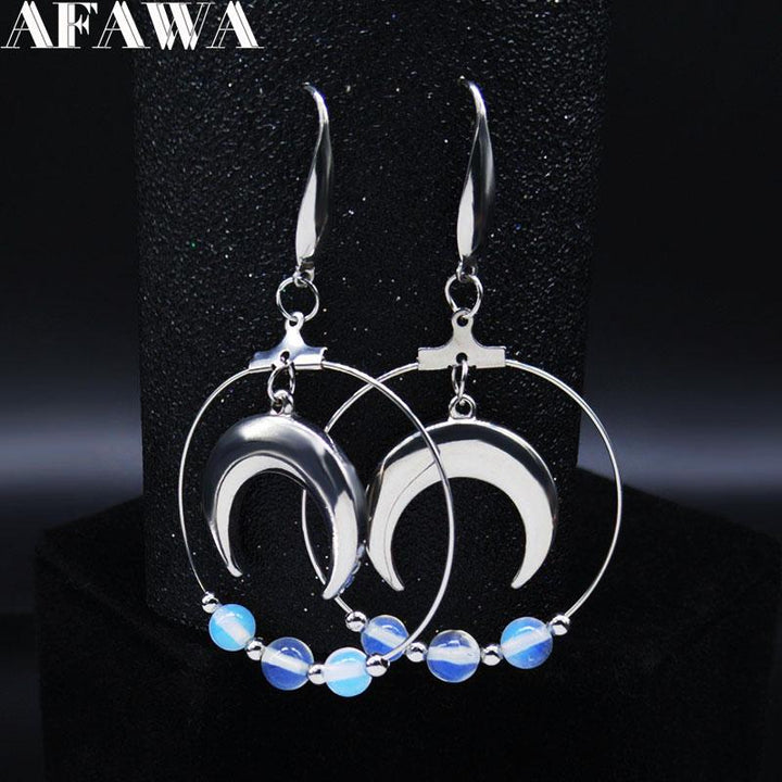 Moon Opal Stainless Steel Earrings with Moon Crescent