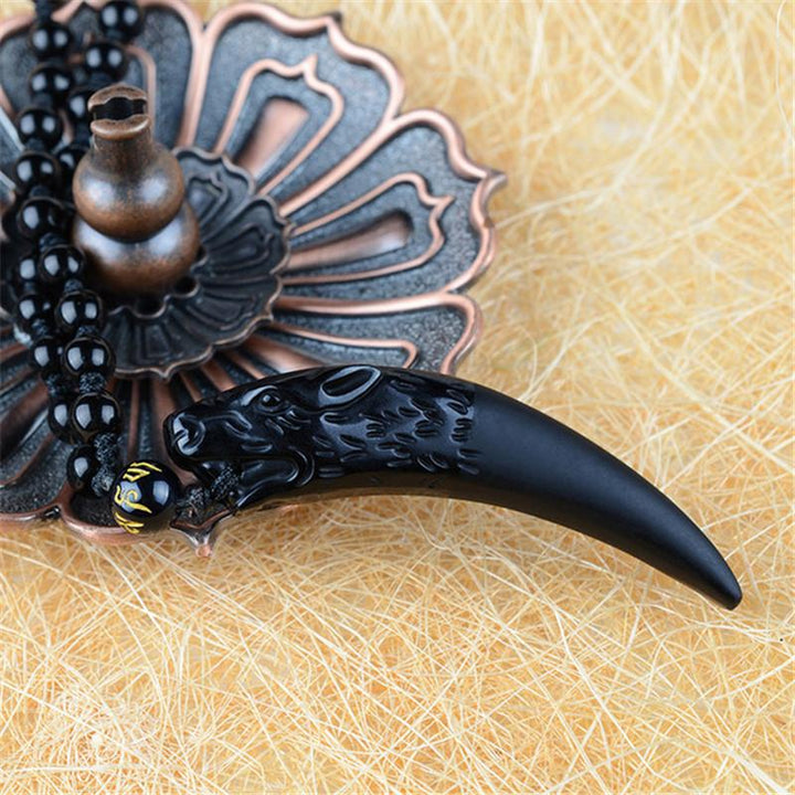 Beaded Black Obsidian Carved Wolf-Head Necklace