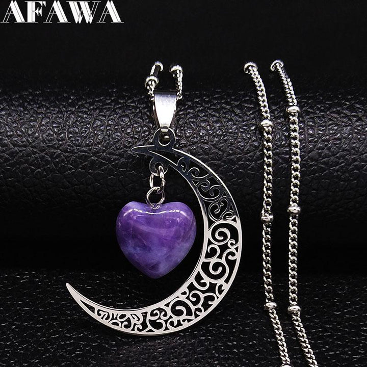 19.5" Purple Crystal Heart and Crescent Moon Necklace