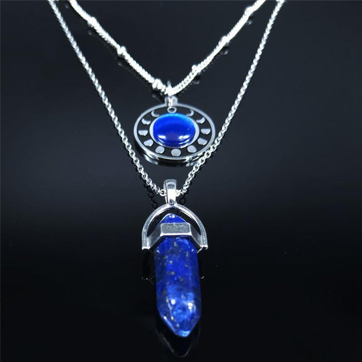 2pcs Moon Bullet Reiki/Chakra Natural Stone Stainless Steel Necklace
