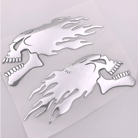 3D Flaming Skull Raised Chrome Decal