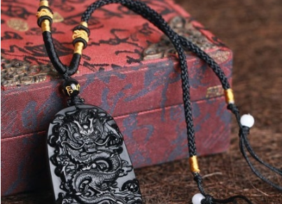 Natural Obsidian Drangon Pendant Rope Necklace