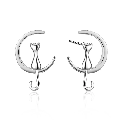 Mystic Cat on Crescent Moon Earring / Necklace Set 925 Sterling Silver